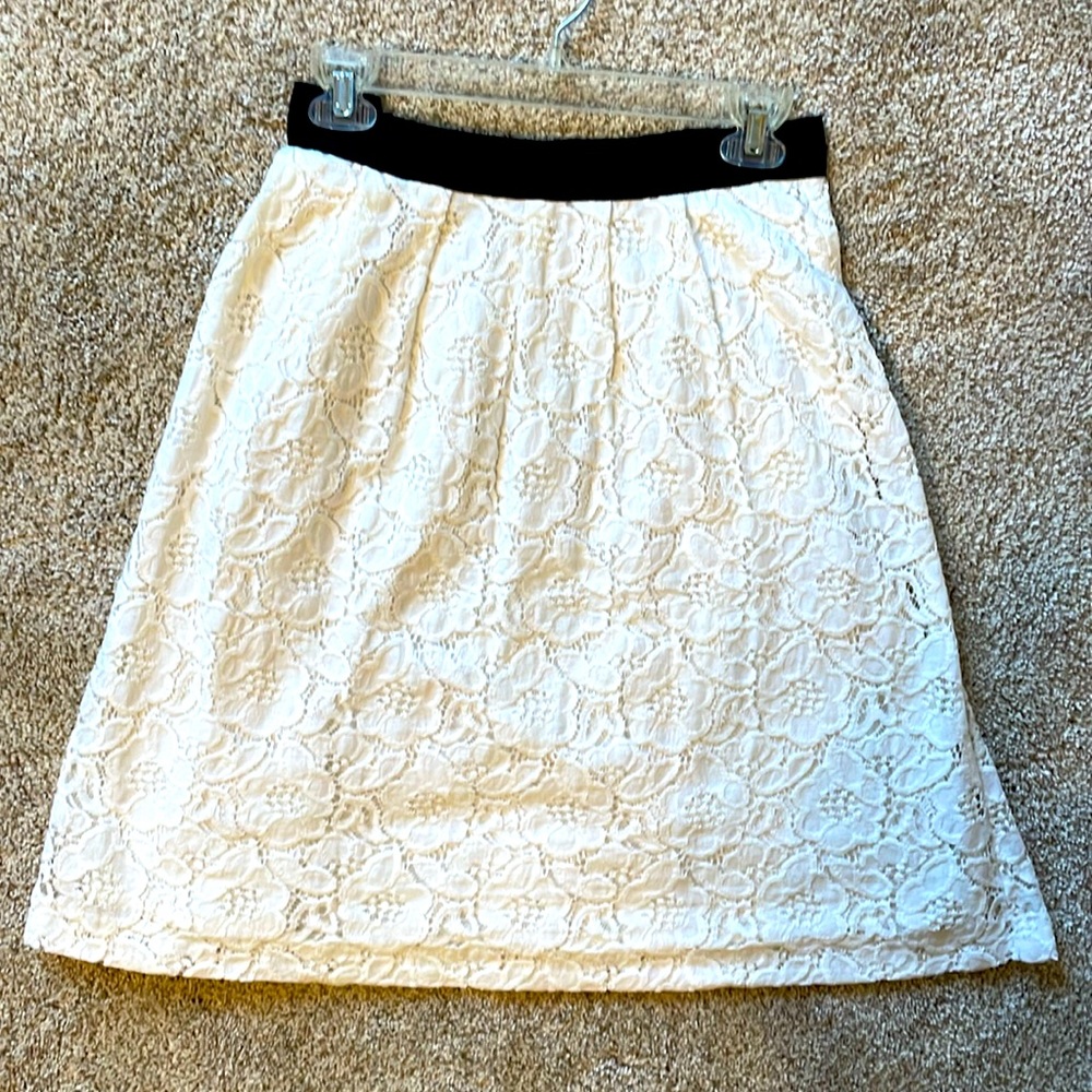 LOFT High-Waisted Midi Lace Skirt with Black Ribbon Waist (Size 10)